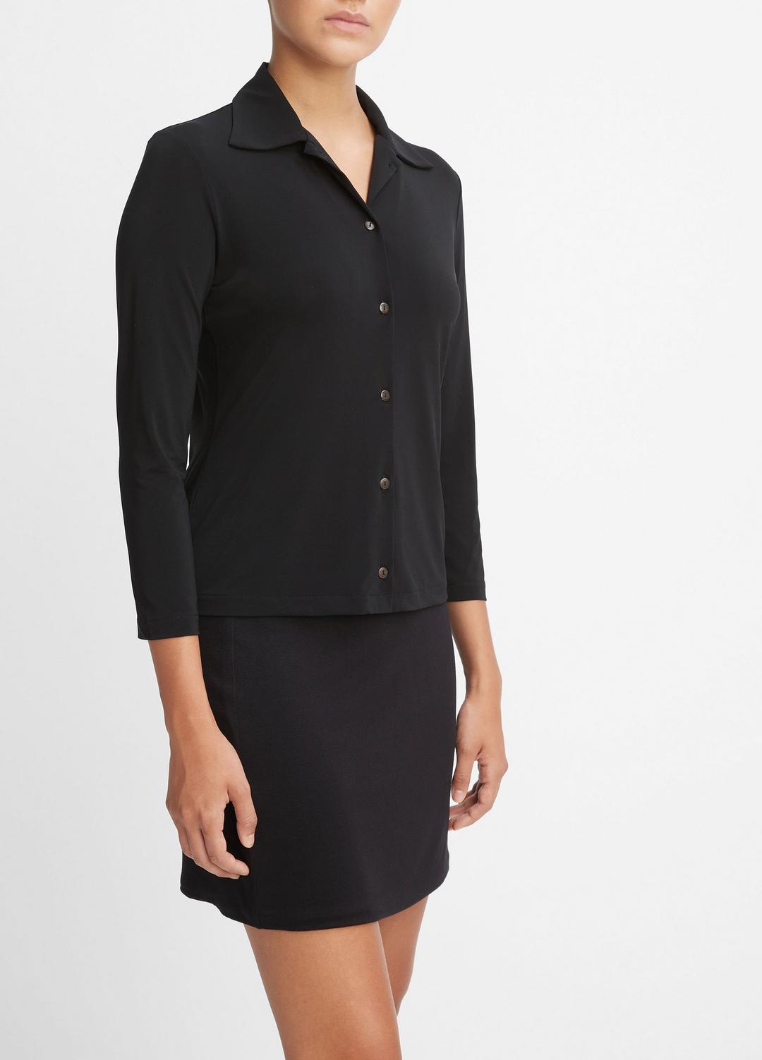 Three-Quarter-Sleeve Button-Front Polo Top in Long Sleeve - BLACK | VINCE Women