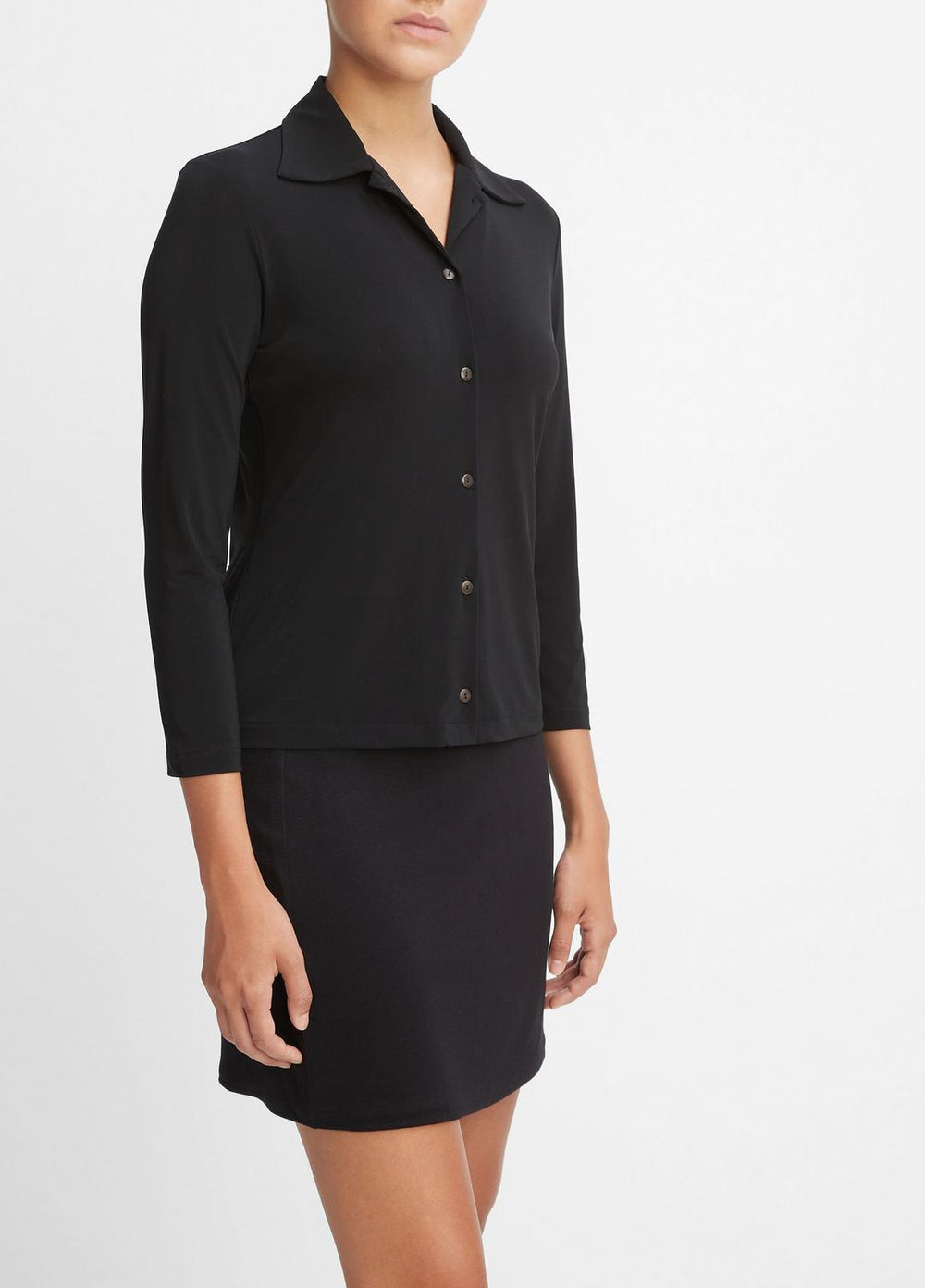 Three-Quarter-Sleeve Button-Front Polo Top in Long Sleeve - BLACK | VINCE Women