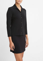Three-Quarter-Sleeve Button-Front Polo Top in Long Sleeve - BLACK | VINCE Women