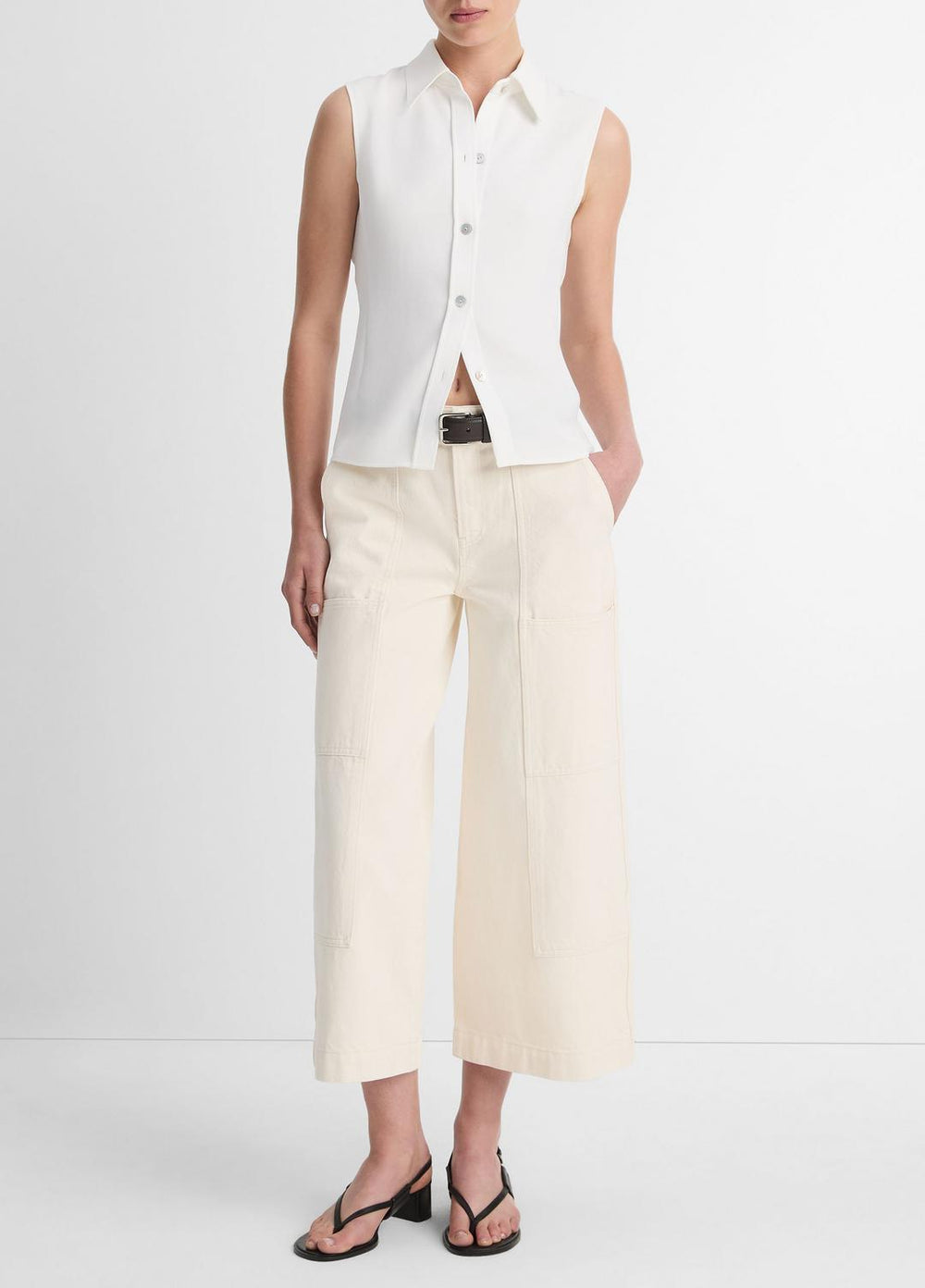 Sleeveless Button-Front Shirt in Short Sleeve - OFF WHITE | VINCE Women