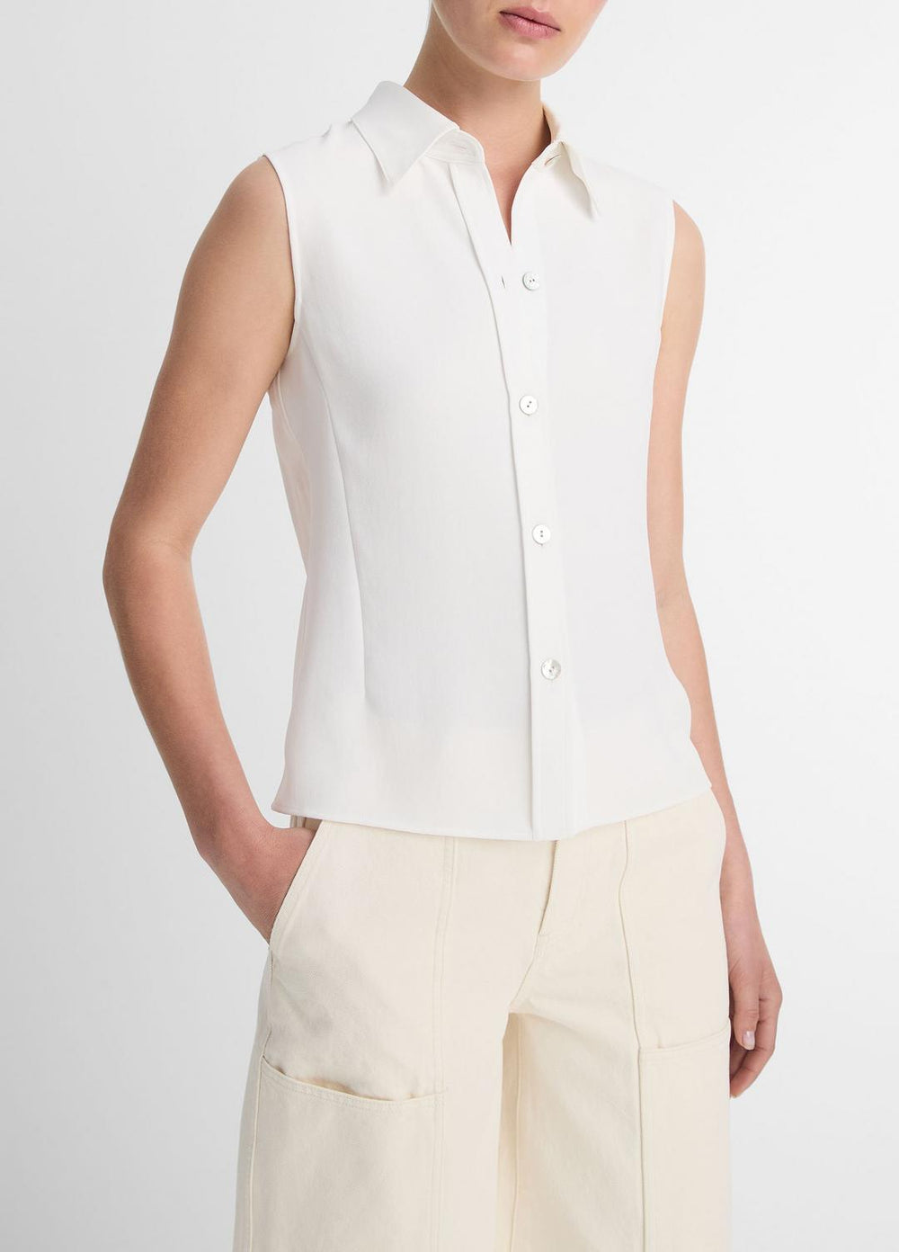 Sleeveless Button-Front Shirt in Short Sleeve - OFF WHITE | VINCE Women