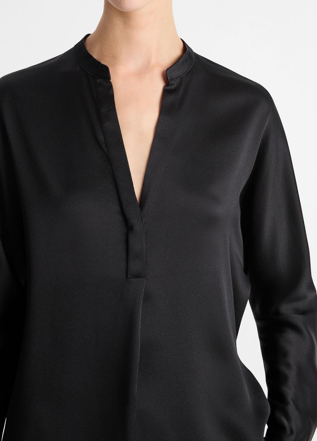 Silk Satin Band-Collar Blouse in Long Sleeve - BLACK | VINCE Women