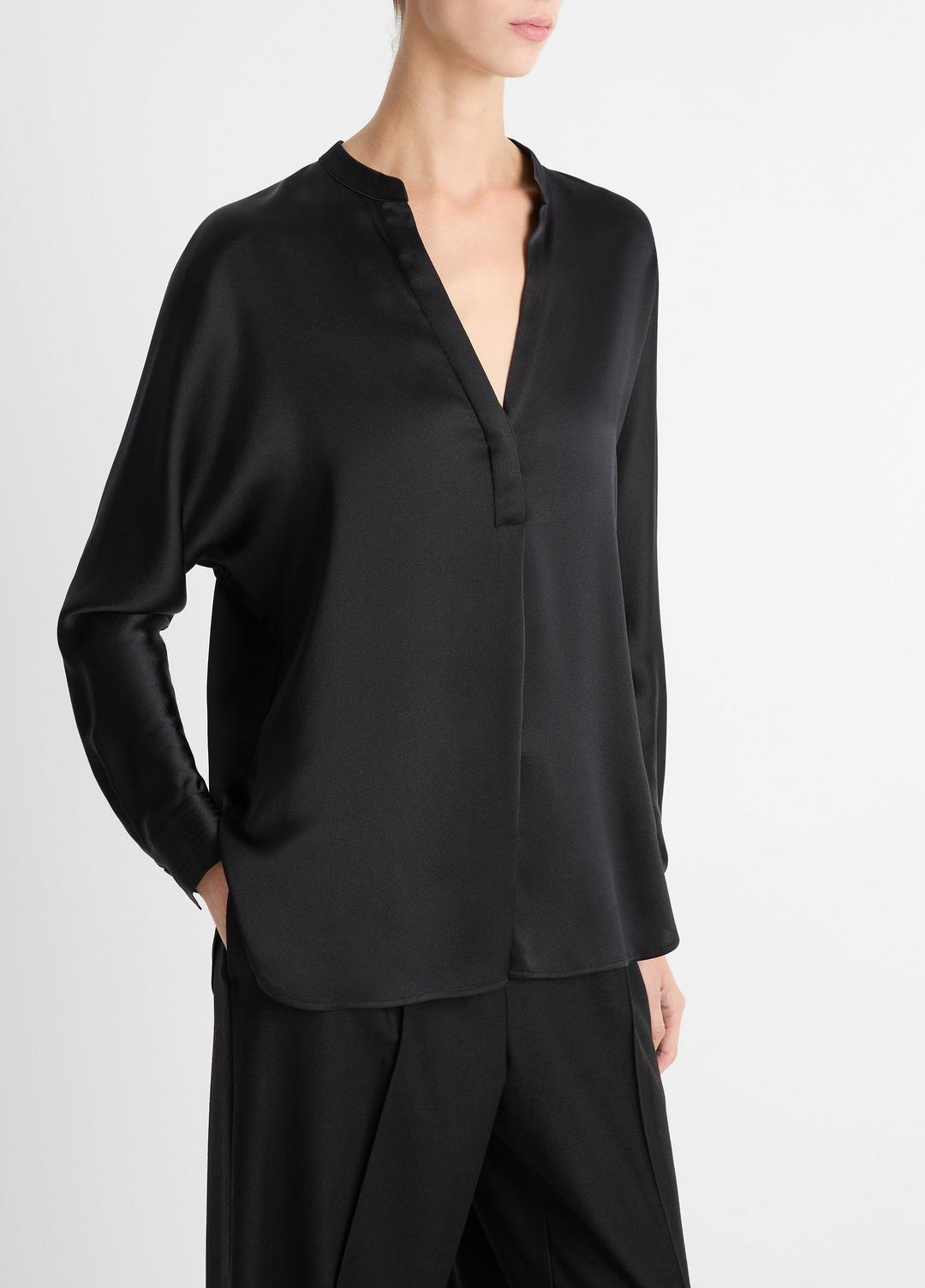 Silk Satin Band-Collar Blouse in Long Sleeve - BLACK | VINCE Women