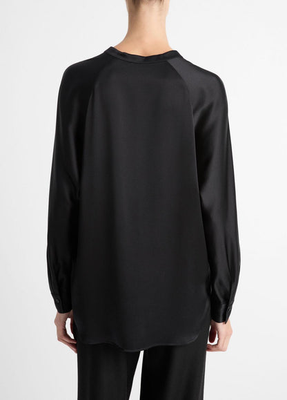 Silk Satin Band-Collar Blouse in Long Sleeve - BLACK | VINCE Women