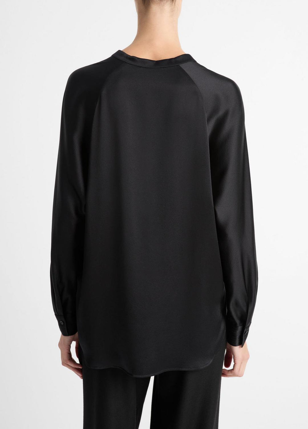 Silk Satin Band-Collar Blouse in Long Sleeve - BLACK | VINCE Women