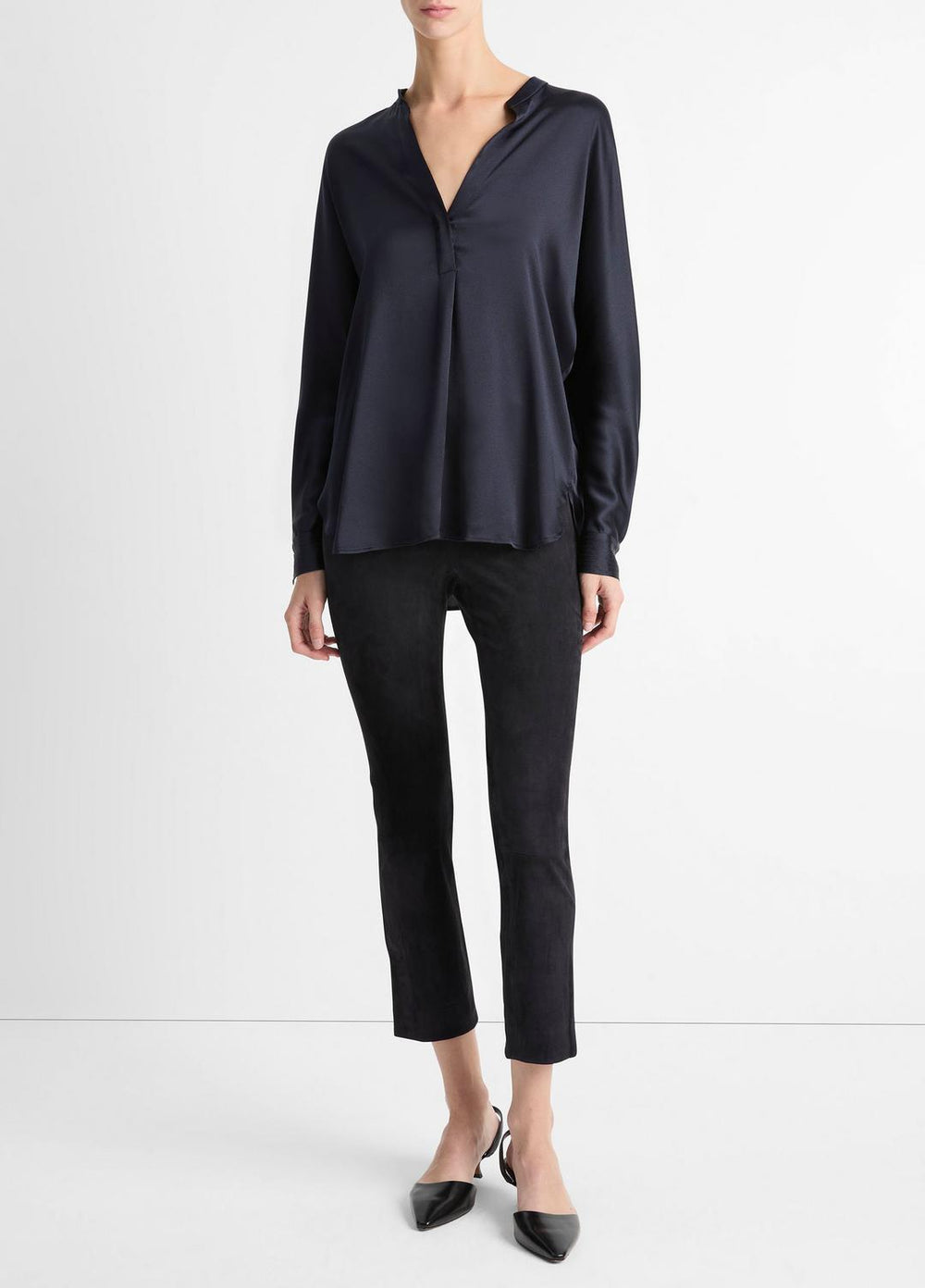 Silk Satin Band-Collar Blouse in Long Sleeve - COASTAL BLUE | VINCE Women