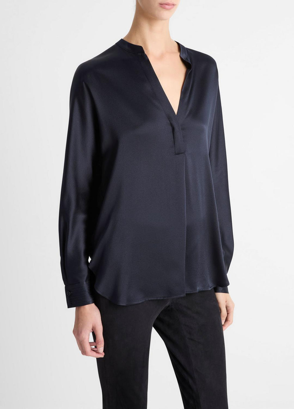 Silk Satin Band-Collar Blouse in Long Sleeve - COASTAL BLUE | VINCE Women