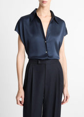 Silk Cap-Sleeve Ruched-Back Blouse in Short Sleeve - COASTAL BLUE | VINCE Women