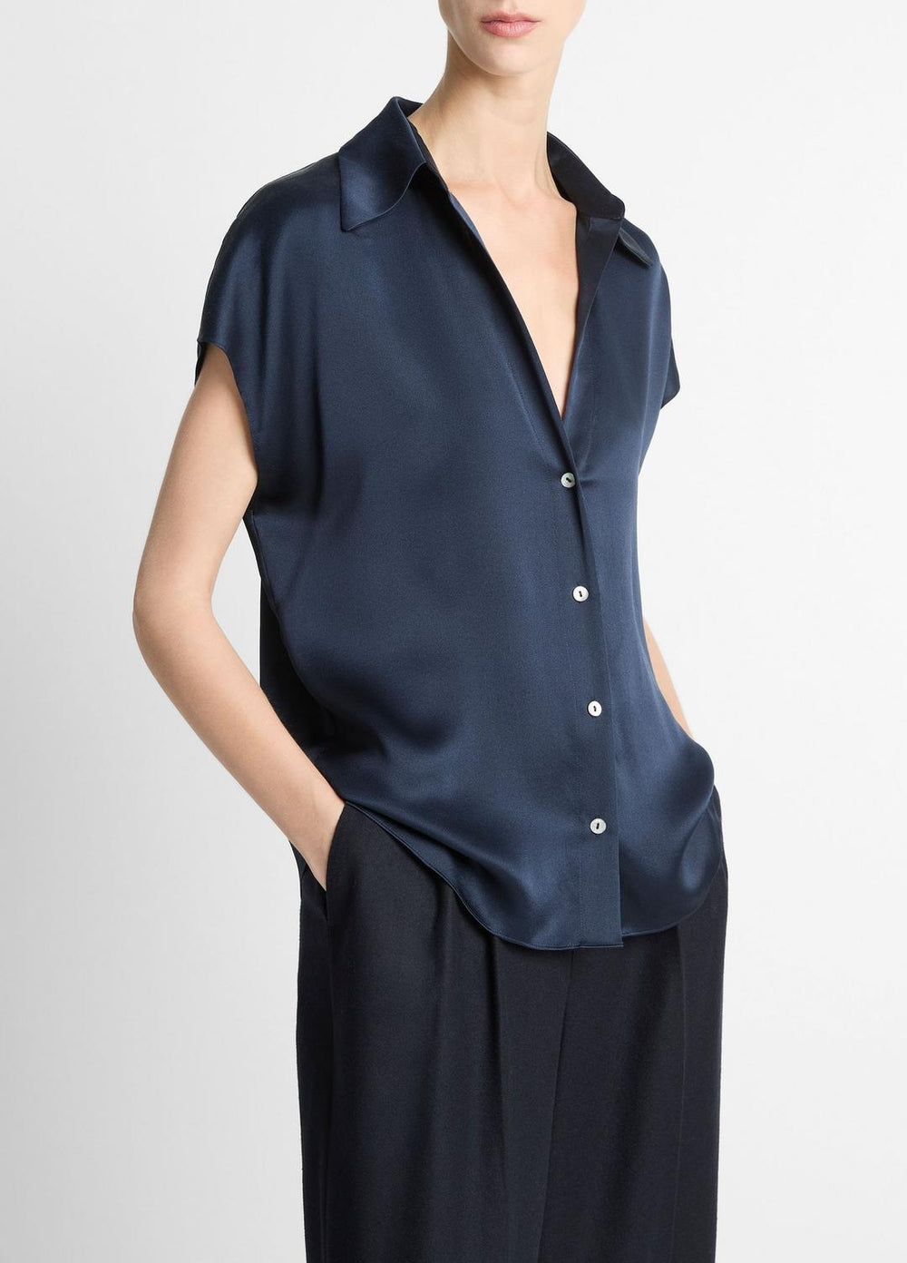 Silk Cap-Sleeve Ruched-Back Blouse in Short Sleeve - COASTAL BLUE | VINCE Women
