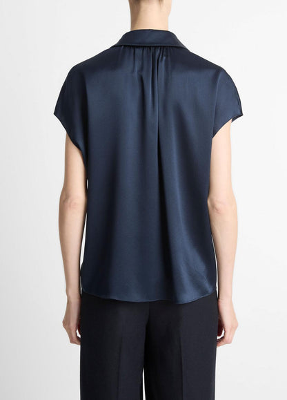 Silk Cap-Sleeve Ruched-Back Blouse in Short Sleeve - COASTAL BLUE | VINCE Women