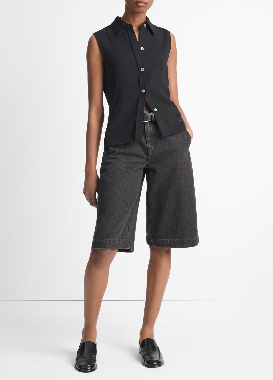Sleeveless Button-Front Shirt in Short Sleeve - BLACK | VINCE Women