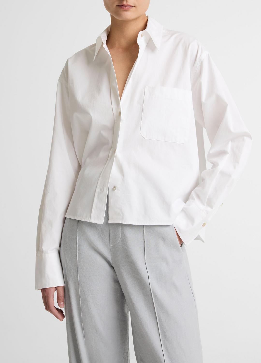 Cotton Cropped Button-Front Shirt  in Long Sleeve - OPTIC WHITE | VINCE Women