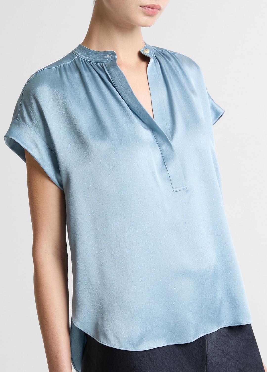 Silk Gathered Cap-Sleeve Blouse in Short Sleeve - DEL MAR | VINCE Women