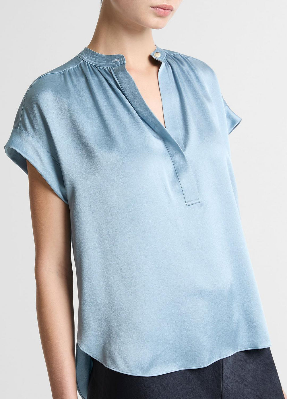 Silk Gathered Cap-Sleeve Blouse in Short Sleeve - DEL MAR | VINCE Women