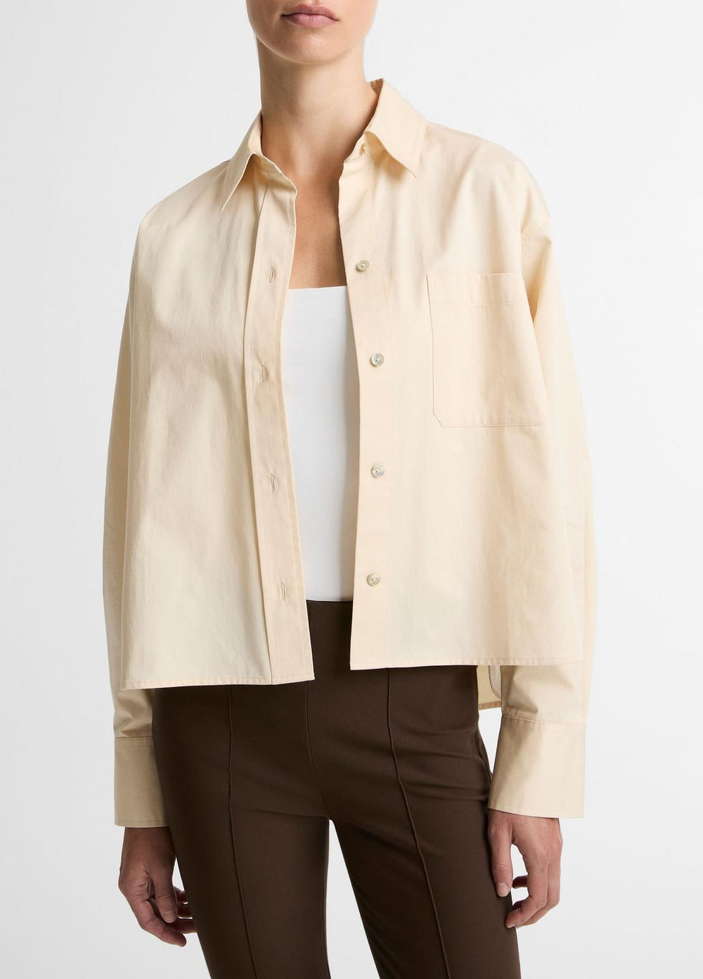 Cotton Cropped Button-Front Shirt  in Long Sleeve - ECRU | VINCE Women
