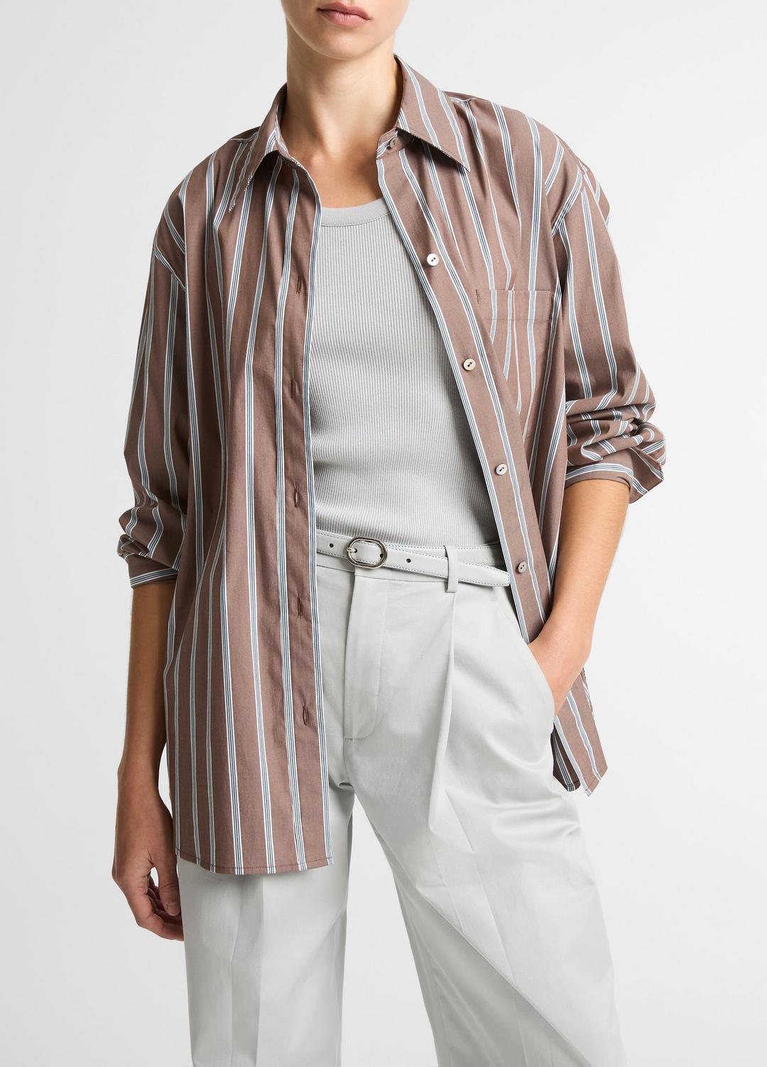 Striped Cotton-Blend Button-Front Shirt in Long Sleeve - BROWN MULTI | VINCE Women