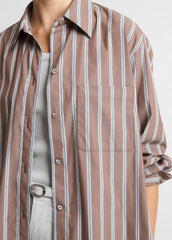 Striped Cotton-Blend Button-Front Shirt in Long Sleeve - BROWN MULTI | VINCE Women