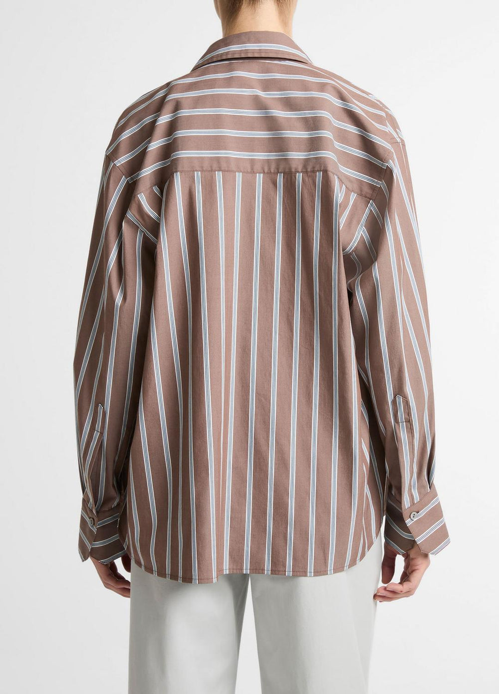 Striped Cotton-Blend Button-Front Shirt in Long Sleeve - BROWN MULTI | VINCE Women