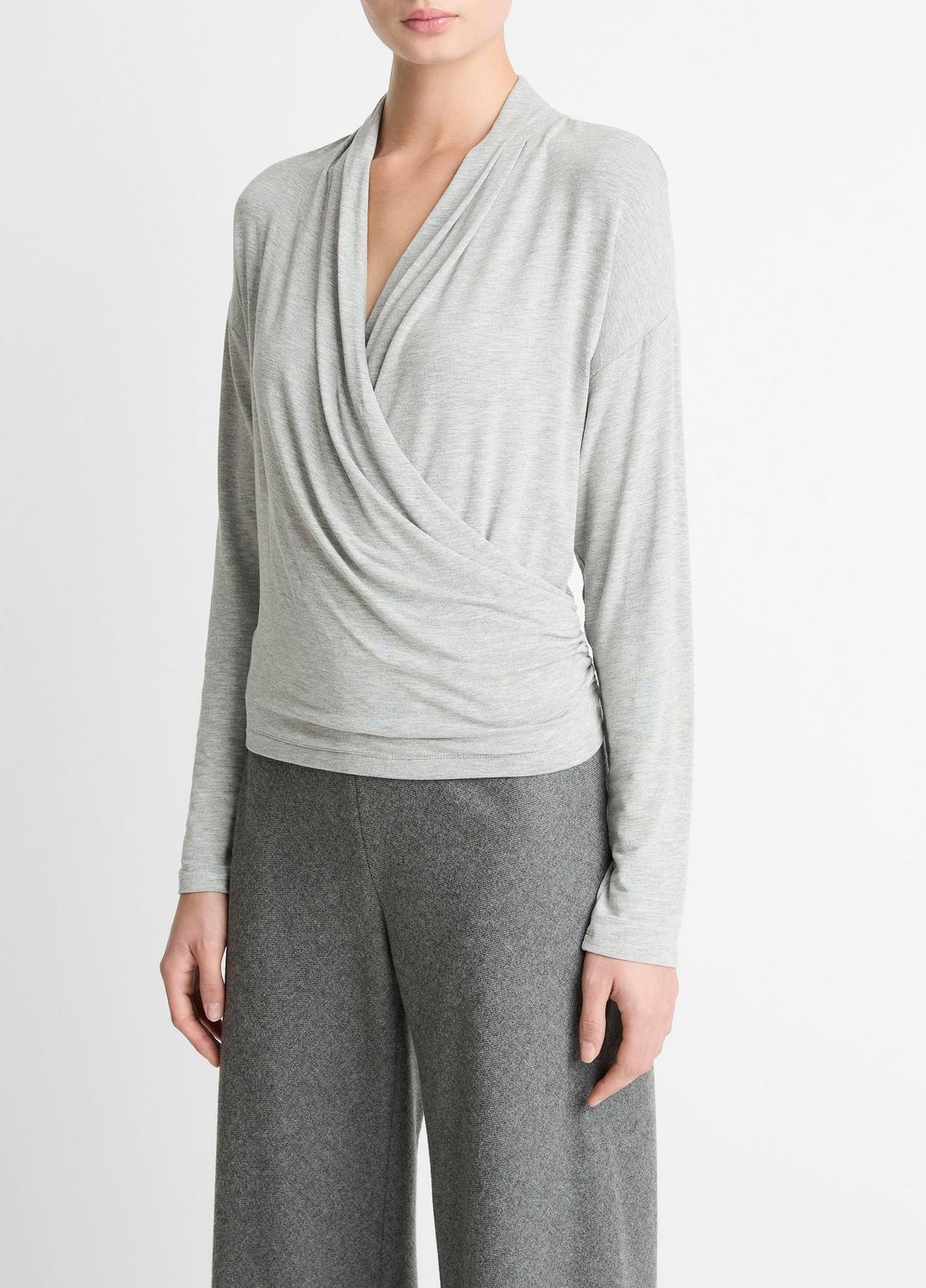 Relaxed Fixed-Wrap Jersey Top in Long Sleeve - HEATHER PALE GREY | VINCE Women