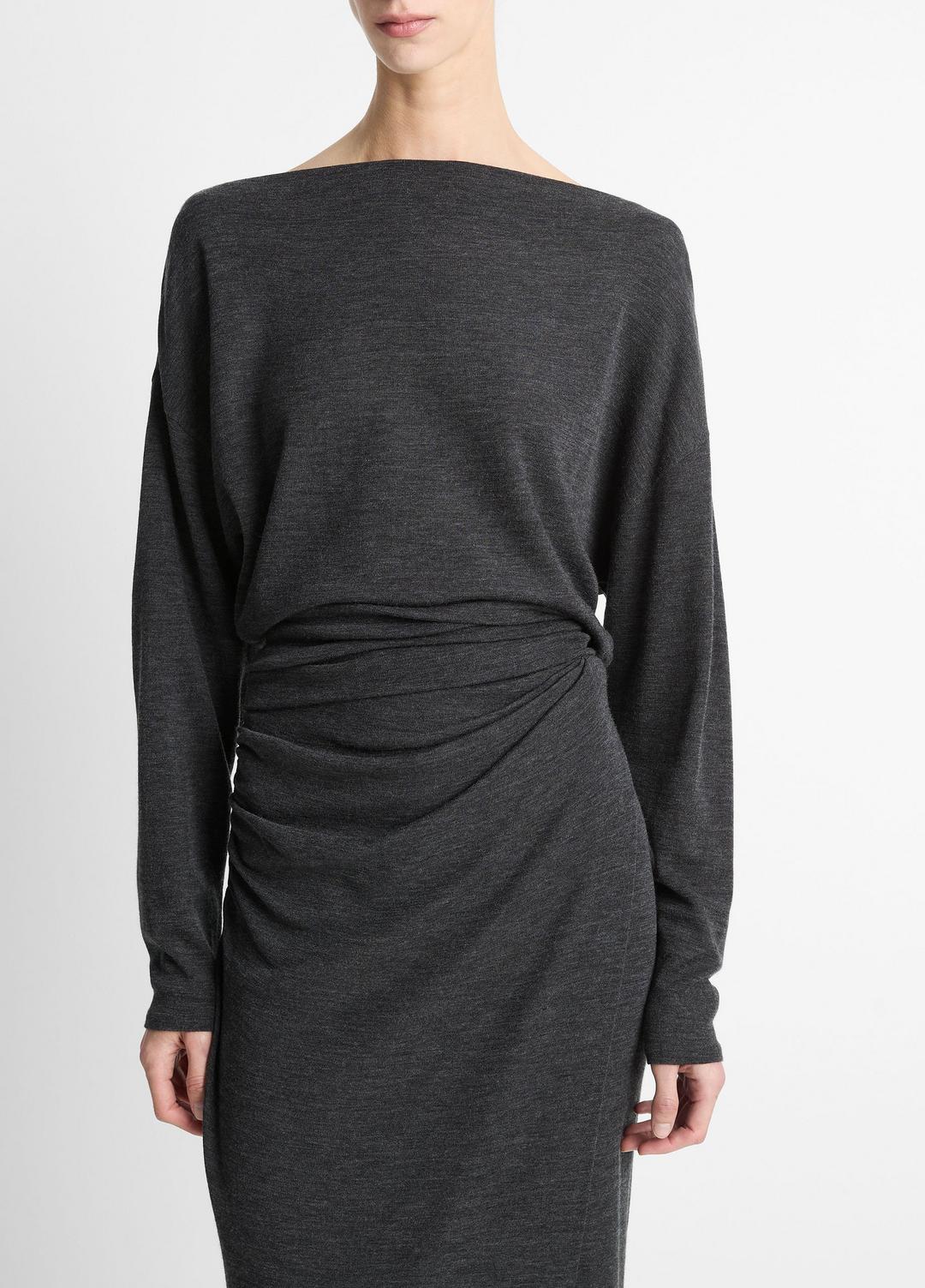 Draped Wool-Blend Slash-Neck Top in Long Sleeve - DARK HEATHER GREY | VINCE Women