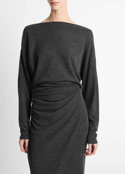 Draped Wool-Blend Slash-Neck Top in Long Sleeve - DARK HEATHER GREY | VINCE Women
