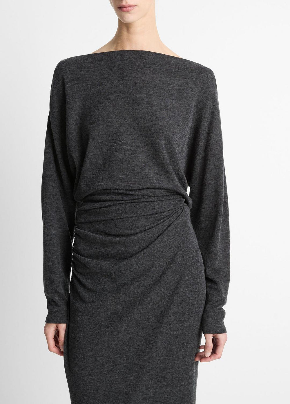 Draped Wool-Blend Slash-Neck Top in Long Sleeve - DARK HEATHER GREY | VINCE Women