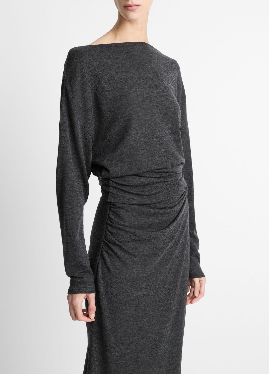 Draped Wool-Blend Slash-Neck Top in Long Sleeve - DARK HEATHER GREY | VINCE Women