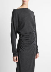Draped Wool-Blend Slash-Neck Top in Long Sleeve - DARK HEATHER GREY | VINCE Women