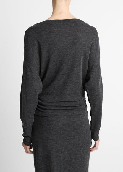 Draped Wool-Blend Slash-Neck Top in Long Sleeve - DARK HEATHER GREY | VINCE Women