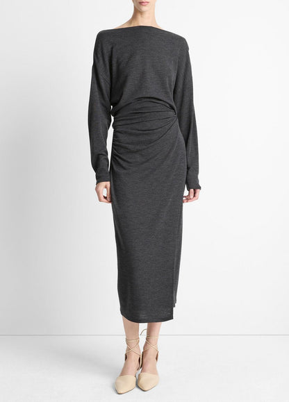 Draped Wool-Blend Slash-Neck Top in Long Sleeve - DARK HEATHER GREY | VINCE Women