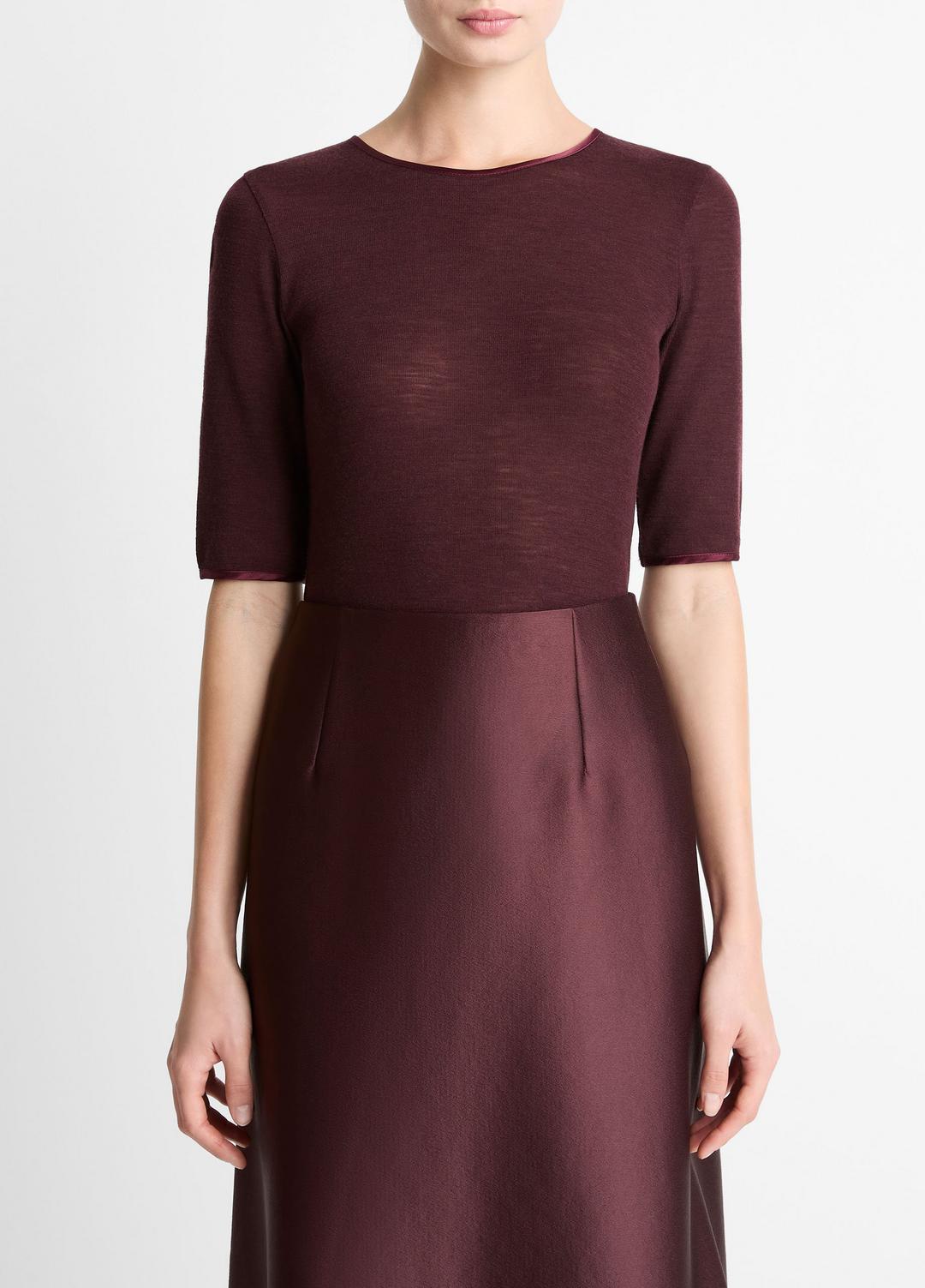 Satin-Trim Wool Elbow-Sleeve T-Shirt in Short Sleeve - OXBLOOD | VINCE Women