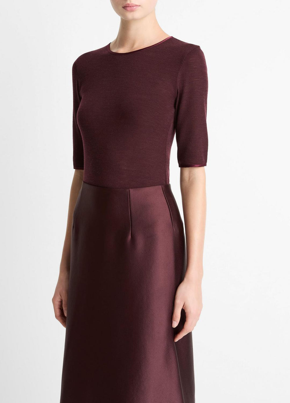 Satin-Trim Wool Elbow-Sleeve T-Shirt in Short Sleeve - OXBLOOD | VINCE Women