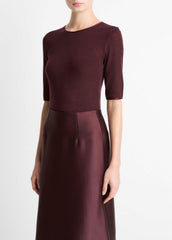 Satin-Trim Wool Elbow-Sleeve T-Shirt in Short Sleeve - OXBLOOD | VINCE Women