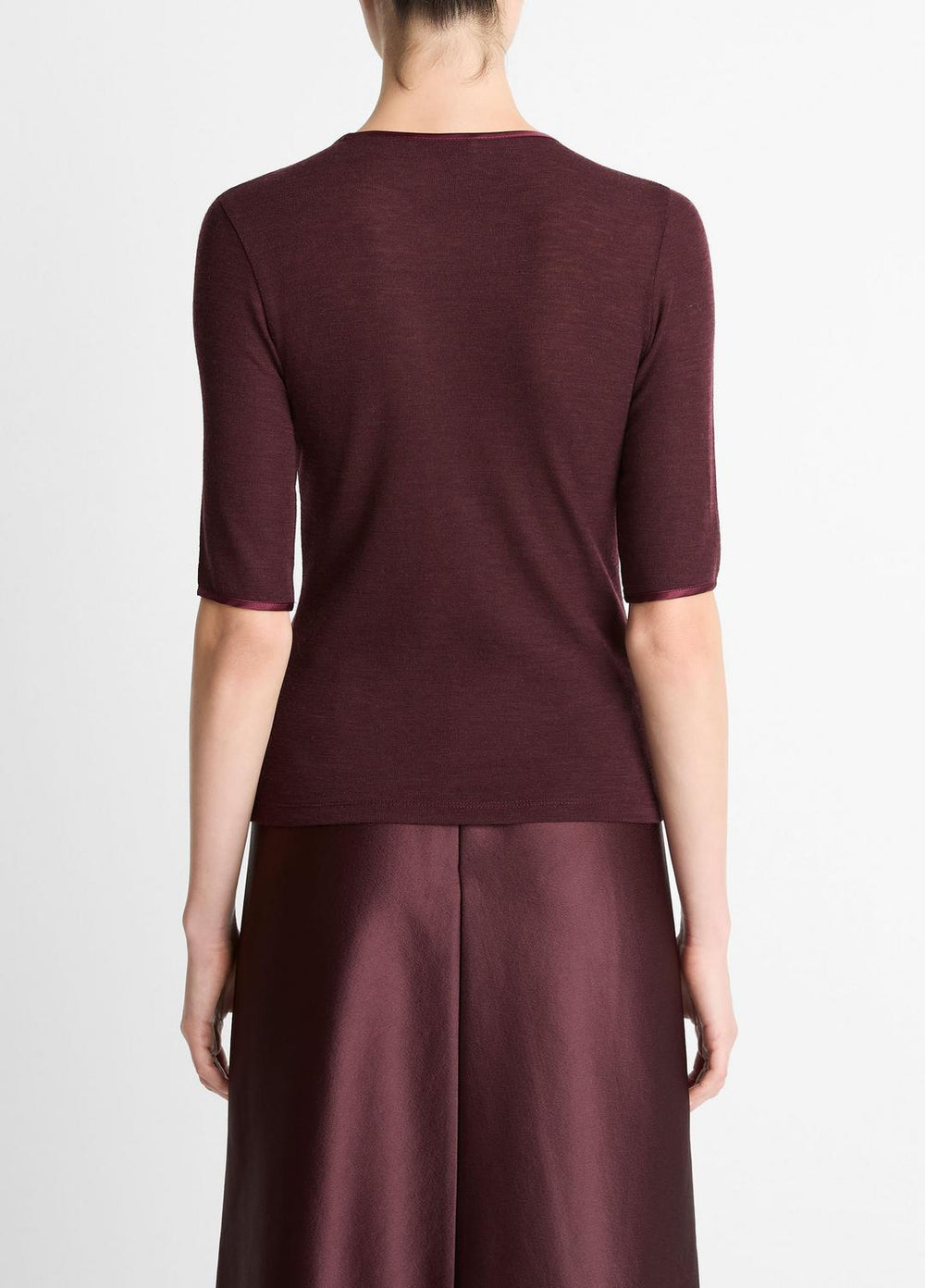 Satin-Trim Wool Elbow-Sleeve T-Shirt in Short Sleeve - OXBLOOD | VINCE Women