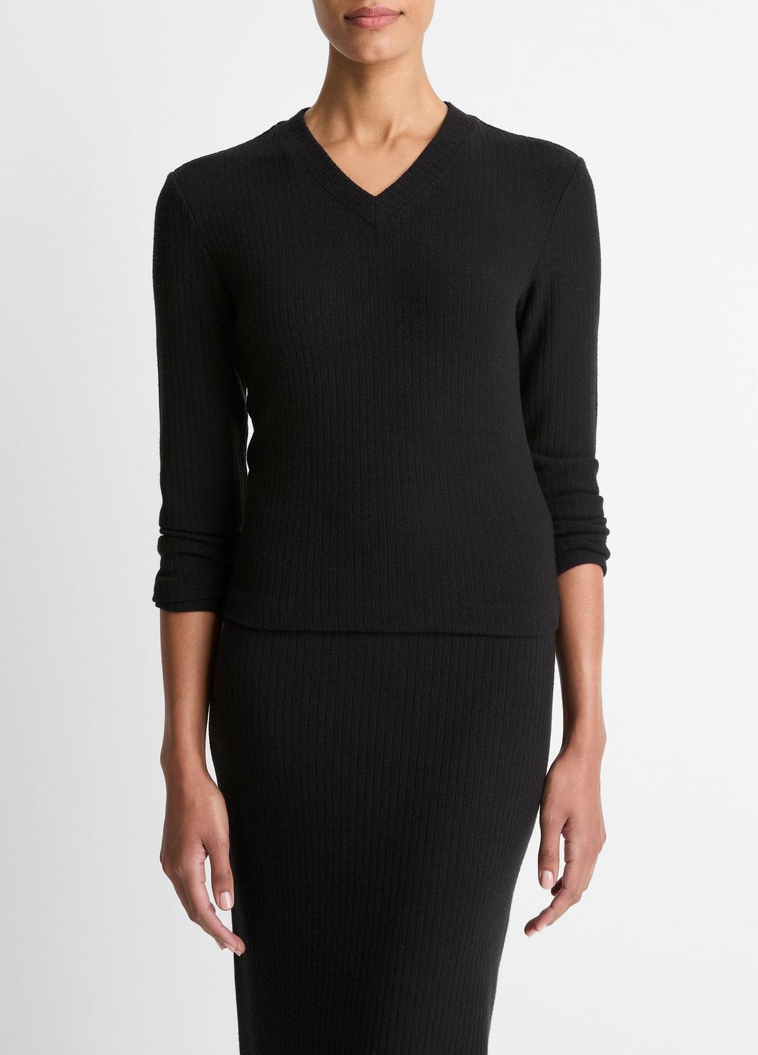 Cozy Rib High V-Neck Top in Long Sleeve - BLACK | VINCE Women