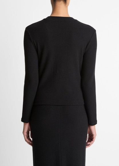 Cozy Rib High V-Neck Top in Long Sleeve - BLACK | VINCE Women