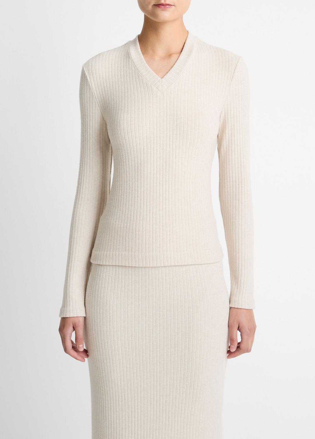 Cozy Rib High V-Neck Top in Long Sleeve - HEATHER CREAM OAT | VINCE Women