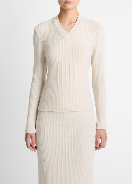 Cozy Rib High V-Neck Top in Long Sleeve - HEATHER CREAM OAT | VINCE Women