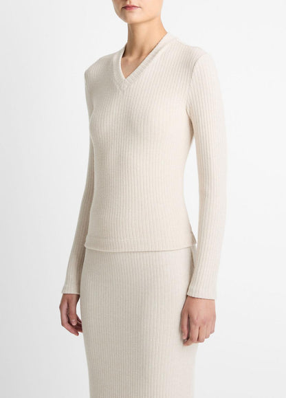 Cozy Rib High V-Neck Top in Long Sleeve - HEATHER CREAM OAT | VINCE Women