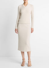Cozy Rib High V-Neck Top in Long Sleeve - HEATHER CREAM OAT | VINCE Women