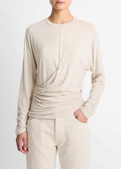 Fixed-Drape Long-Sleeve T-Shirt in Long Sleeve - HEATHER CREAM OAT | VINCE Women