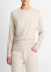 Fixed-Drape Long-Sleeve T-Shirt in Long Sleeve - HEATHER CREAM OAT | VINCE Women
