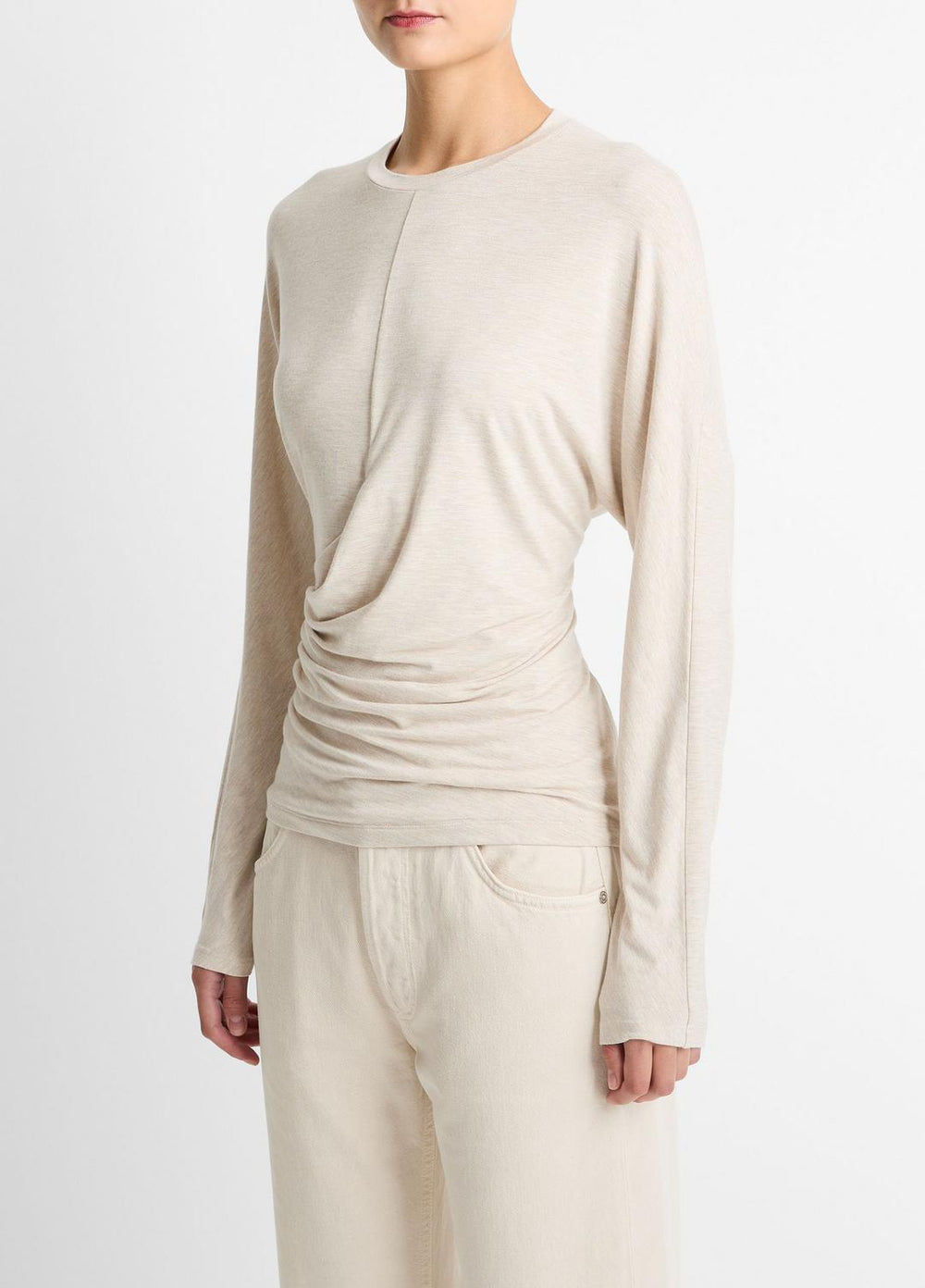 Fixed-Drape Long-Sleeve T-Shirt in Long Sleeve - HEATHER CREAM OAT | VINCE Women
