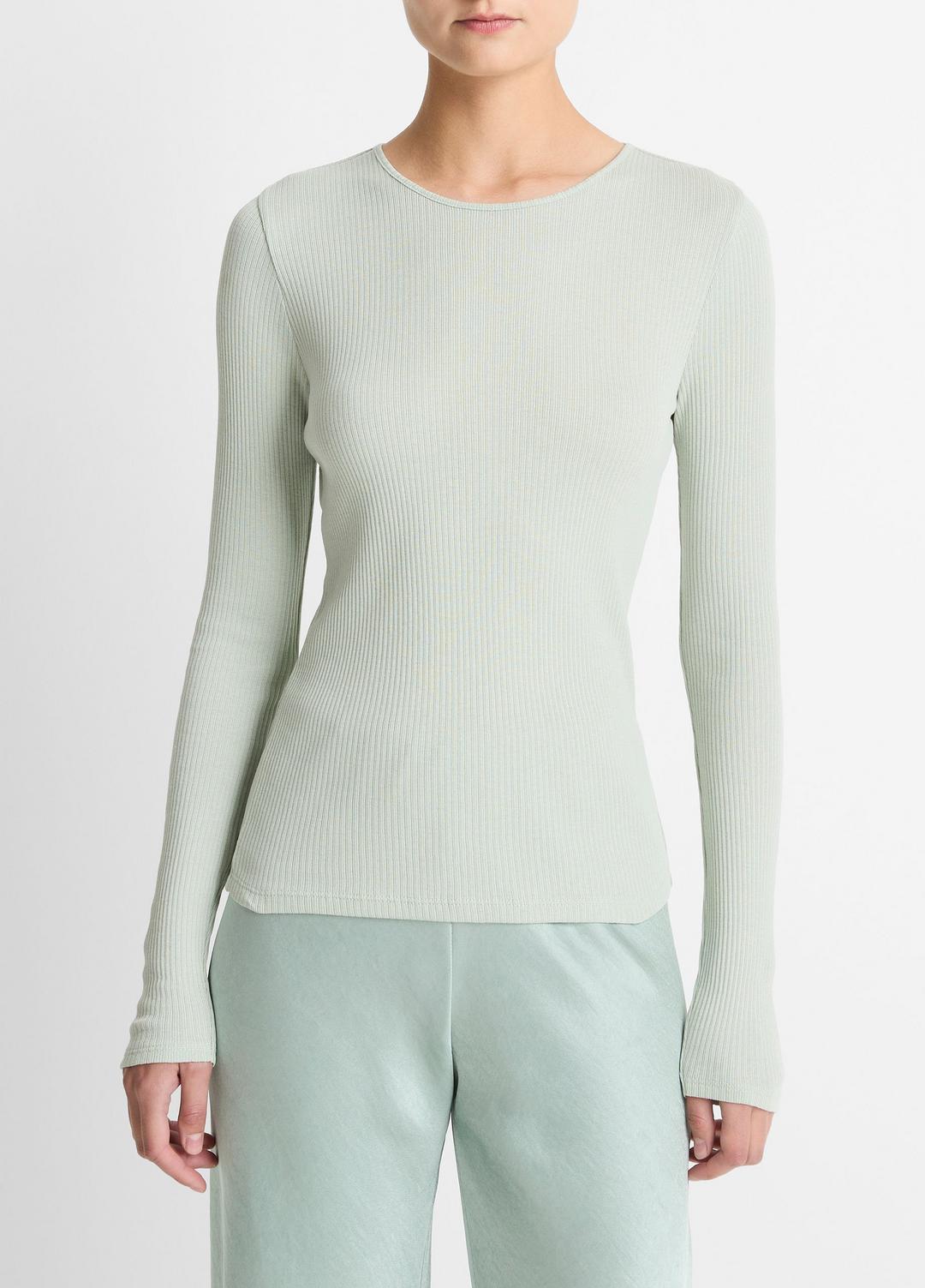 Ribbed Pima Cotton Long-Sleeve T-Shirt in Long Sleeve - LIGHT ALOE STONE | VINCE Women