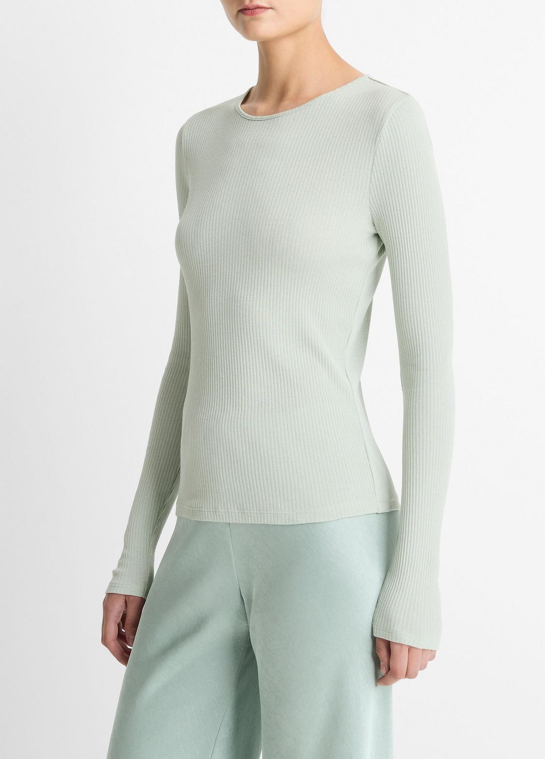 Ribbed Pima Cotton Long-Sleeve T-Shirt in Long Sleeve - LIGHT ALOE STONE | VINCE Women