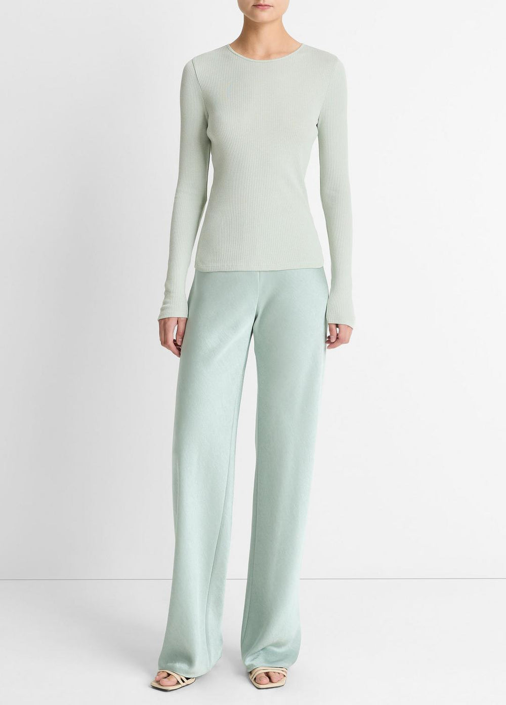 Ribbed Pima Cotton Long-Sleeve T-Shirt in Long Sleeve - LIGHT ALOE STONE | VINCE Women