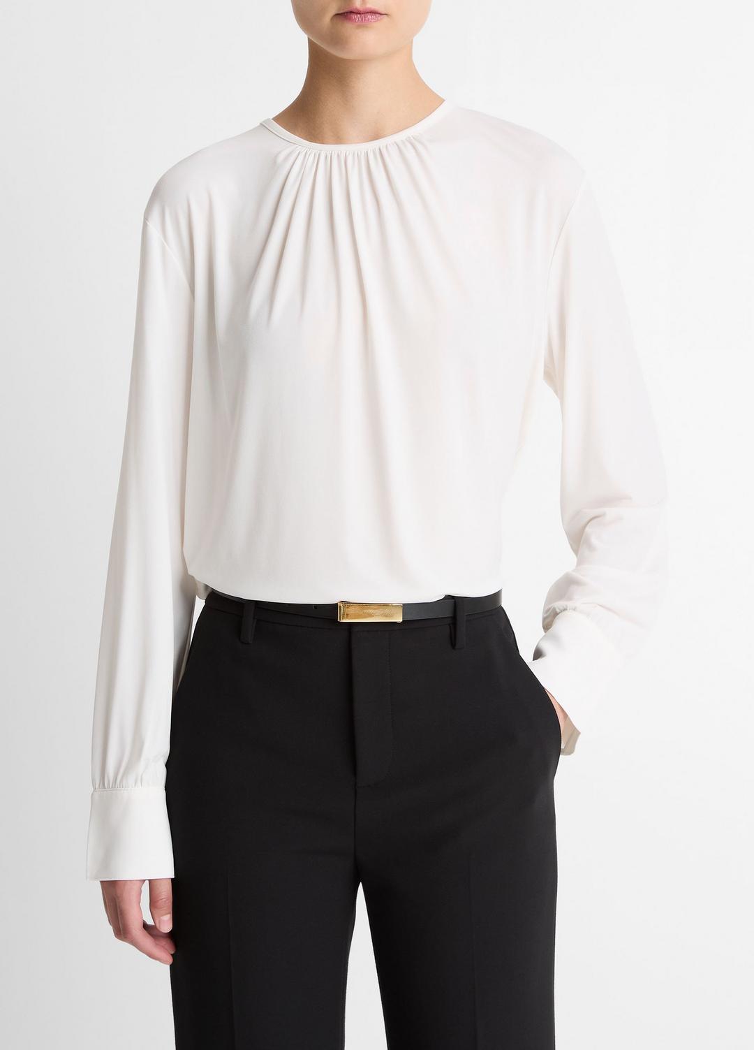 Matte Jersey Gathered Blouse in Long Sleeve - OFF WHITE | VINCE Women