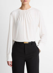 Matte Jersey Gathered Blouse in Long Sleeve - OFF WHITE | VINCE Women