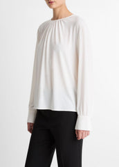 Matte Jersey Gathered Blouse in Long Sleeve - OFF WHITE | VINCE Women
