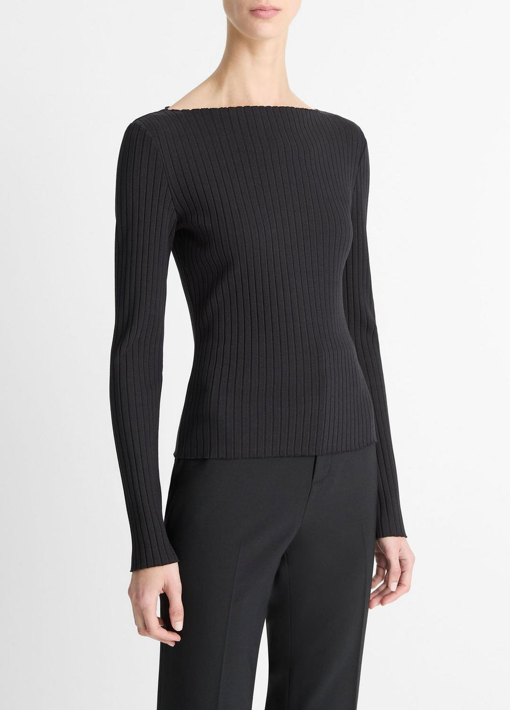Ribbed Cotton-Blend Slash-Neck Long-Sleeve Top in Long Sleeve - BLACK | VINCE Women